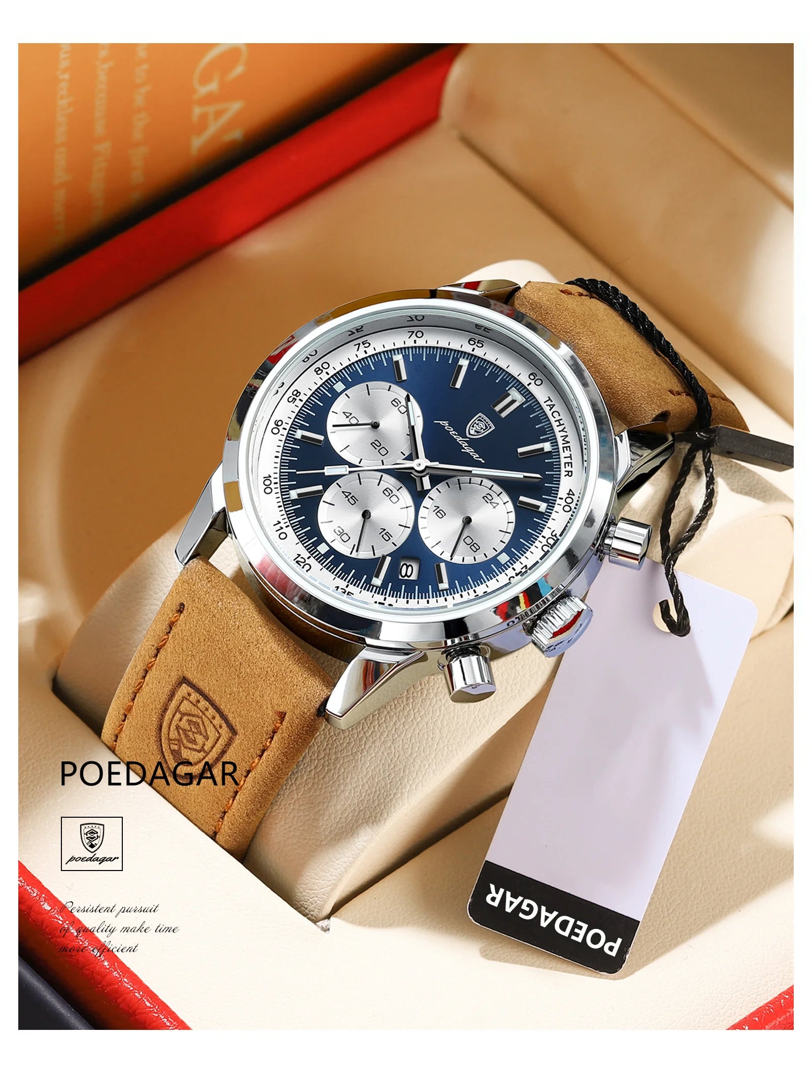 POEDAGAR Advanced waterproof calendar night light timer men's watch business luxury fashion men's leather watch