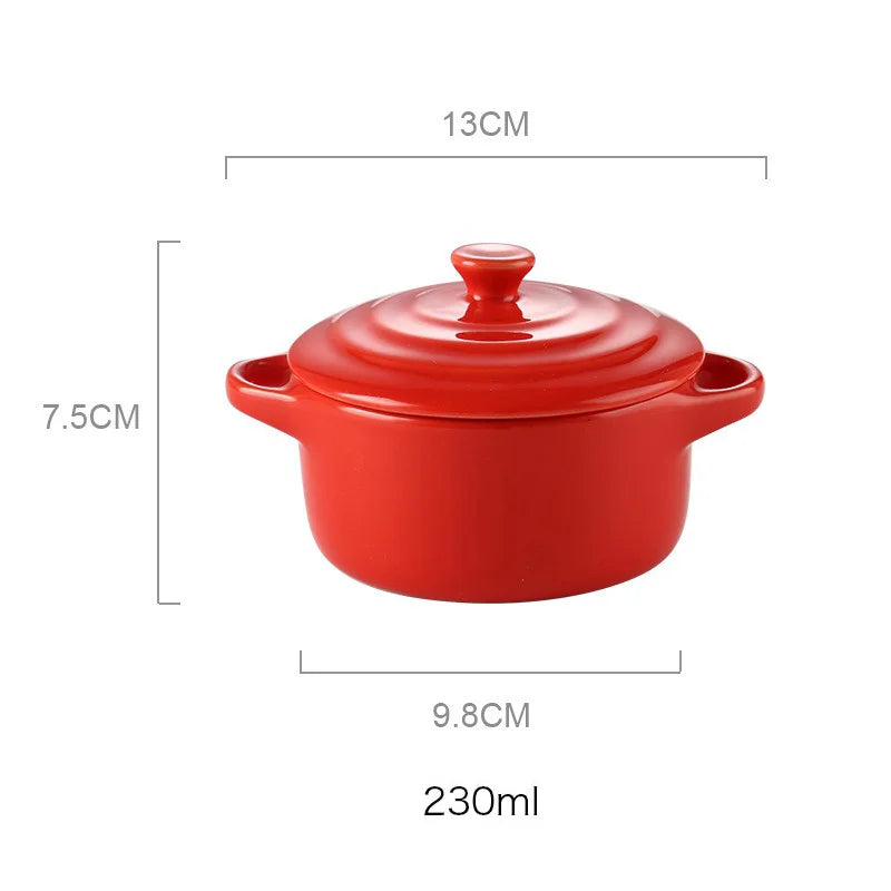 Ceramic Double Ear Bowl Mini Ceramic Glazed Baking Bowl with Lid Breskfast Steamed Egg Pudding Bowl Soup Bowls Microwave Oven
