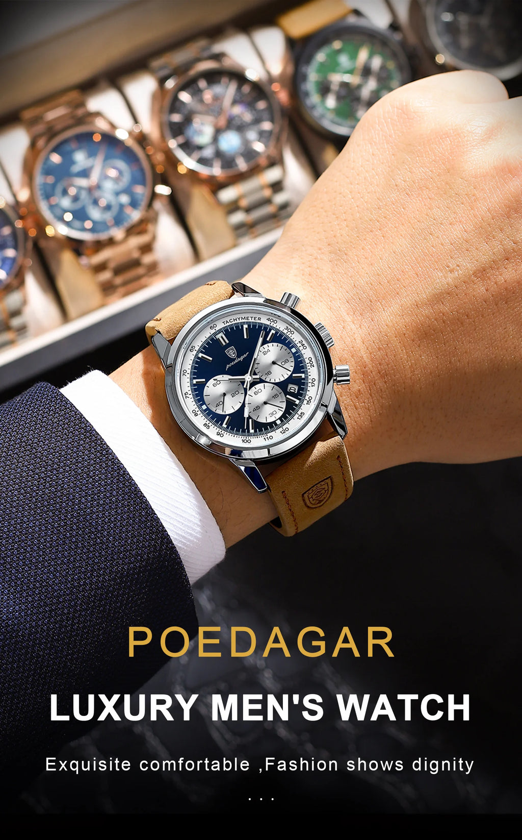 POEDAGAR Advanced waterproof calendar night light timer men's watch business luxury fashion men's leather watch