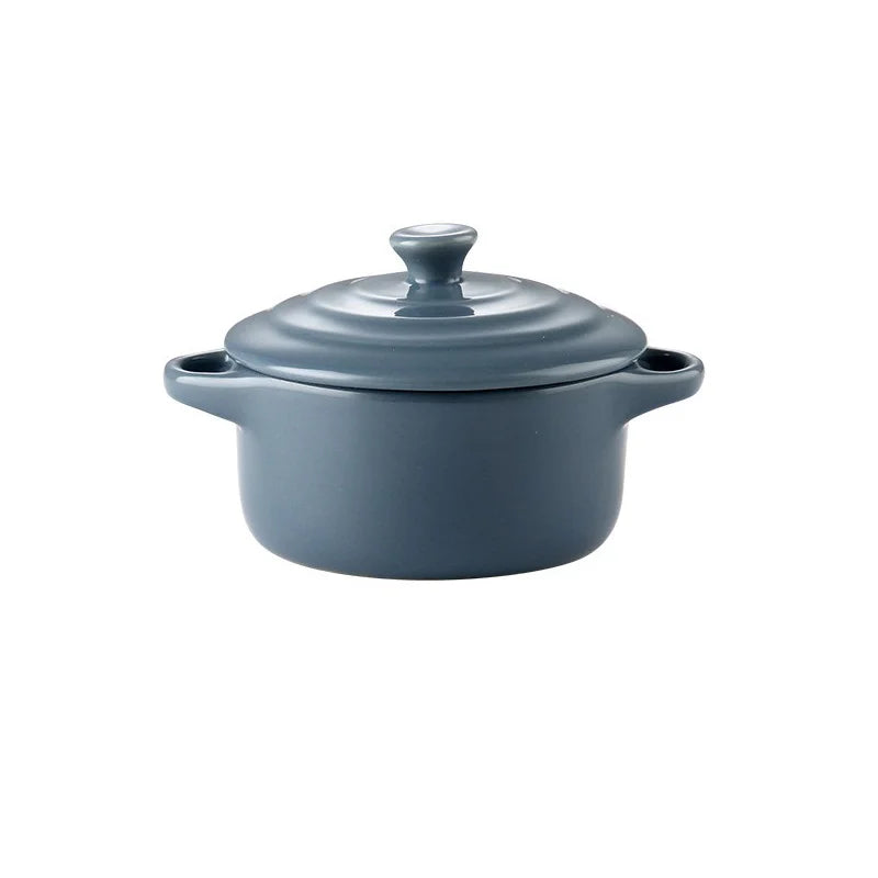 Ceramic Double Ear Bowl Mini Ceramic Glazed Baking Bowl with Lid Breskfast Steamed Egg Pudding Bowl Soup Bowls Microwave Oven