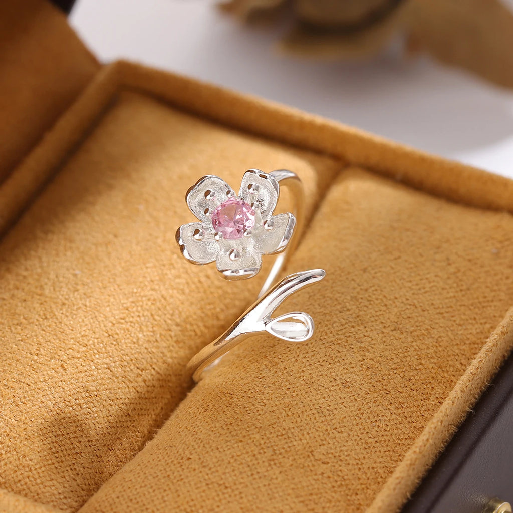New Fashion Temperament 925 Sterling Silver Jewelry Personality Pink Crystal Flowers Female Opening Rings   R380