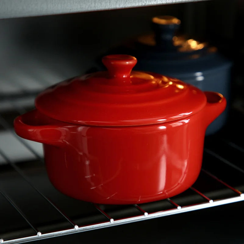 Ceramic Double Ear Bowl Mini Ceramic Glazed Baking Bowl with Lid Breskfast Steamed Egg Pudding Bowl Soup Bowls Microwave Oven
