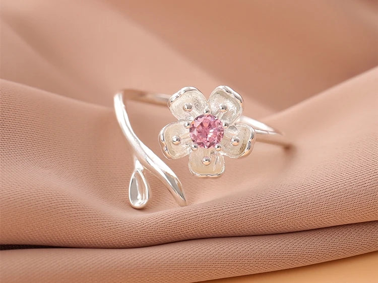 New Fashion Temperament 925 Sterling Silver Jewelry Personality Pink Crystal Flowers Female Opening Rings   R380