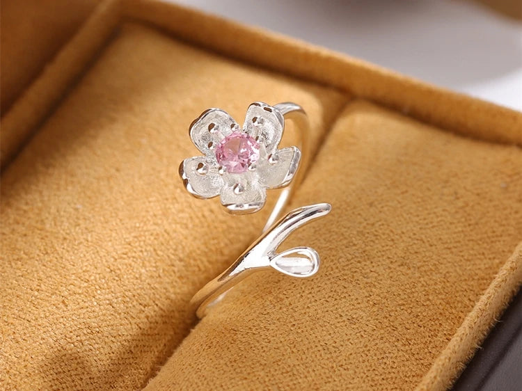 New Fashion Temperament 925 Sterling Silver Jewelry Personality Pink Crystal Flowers Female Opening Rings   R380