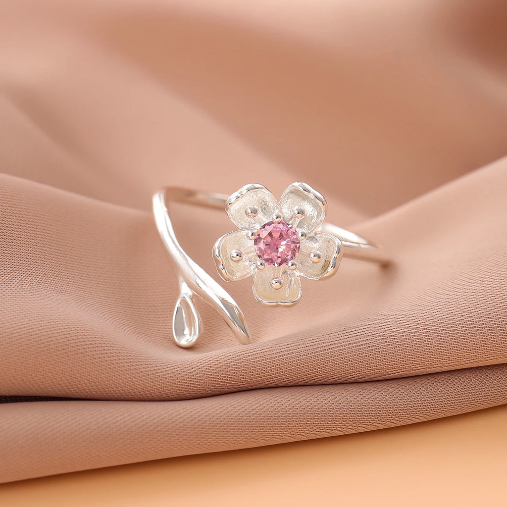 New Fashion Temperament 925 Sterling Silver Jewelry Personality Pink Crystal Flowers Female Opening Rings   R380