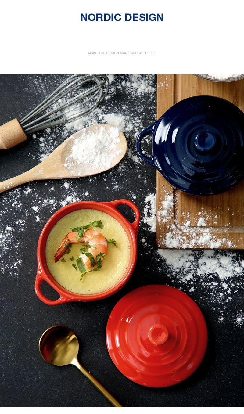 Ceramic Double Ear Bowl Mini Ceramic Glazed Baking Bowl with Lid Breskfast Steamed Egg Pudding Bowl Soup Bowls Microwave Oven